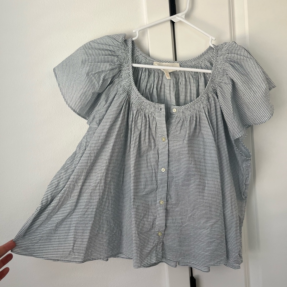 THE GREAT. Light Blue Striped Flutter Sleeve Blouse - Picture 4 of 8